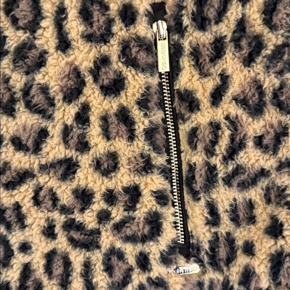 Calvin Klein Leopard Fleece Vest Sherpa Zip Pockets Size Large - Picture 6 of 14